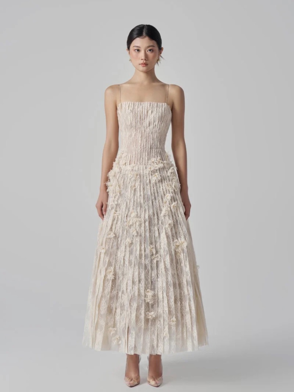 21Six Octavia Gown - Ivory Pleated Lace Dress with Spaghetti Straps
